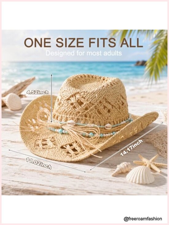 3 Pack Straw Cowgirl Hats Beaded Seashell Decor Sun Hats Beach Party Favors